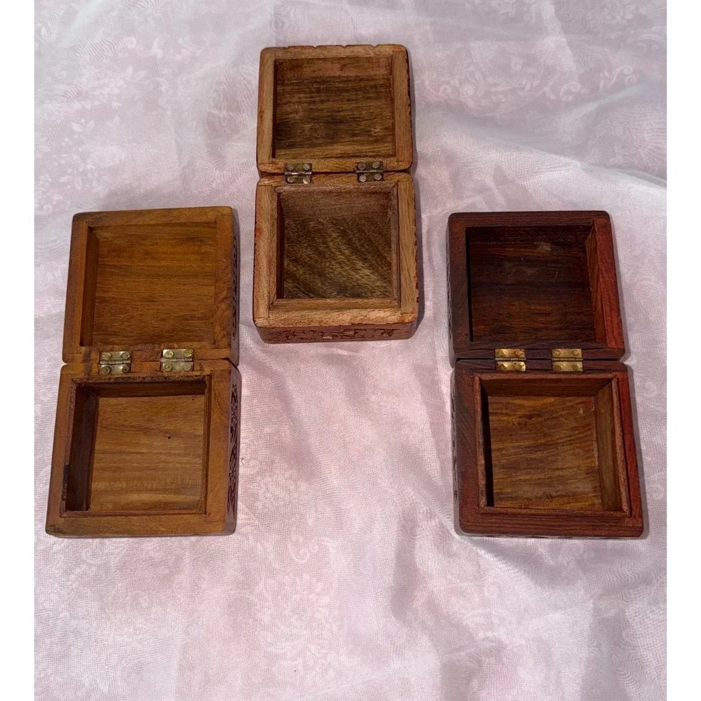 Set of 3 Vintage Hand Carved Wooden Trinket Boxes Floral Jewelry Keepsake Chests